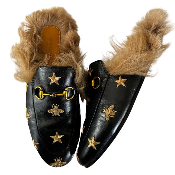Gucci Horsebit Bee Princetown Fur Mules Loafers Black Size EU 37 US 7 - Picture 1 of 15